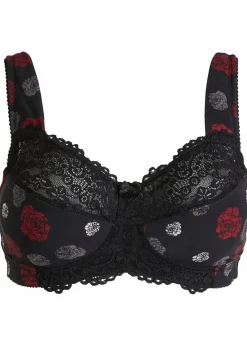 bonprix Wäsche·Große Cups D-H|Wäsche·Bhs^Entlastungs-BH ohne Bügel mit gepolsterten Trägern schwarz/kirschrot geblühmt