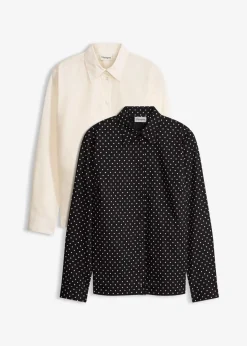 bonprix Bekleidung·Jacken & Mäntel|Blusen & Tuniken^2er Pack Hemdblusen mit Baumwolle weiß uni und schwarz/weiß gepunktet