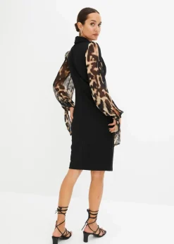 bonprix Kleider^Etuikleid mit tiefem Ausschnitt schwarz/beige leo bedruckt