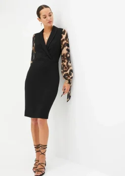 bonprix Kleider^Etuikleid mit tiefem Ausschnitt schwarz/beige leo bedruckt
