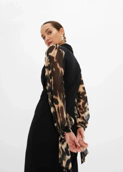 bonprix Kleider^Etuikleid mit tiefem Ausschnitt schwarz/beige leo bedruckt