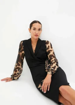 bonprix Kleider^Etuikleid mit tiefem Ausschnitt schwarz/beige leo bedruckt