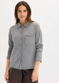 bonprix Bekleidung·Umstandsmode|Bekleidung·Jeans^Feinstrick in Hemdoptik grau meliert