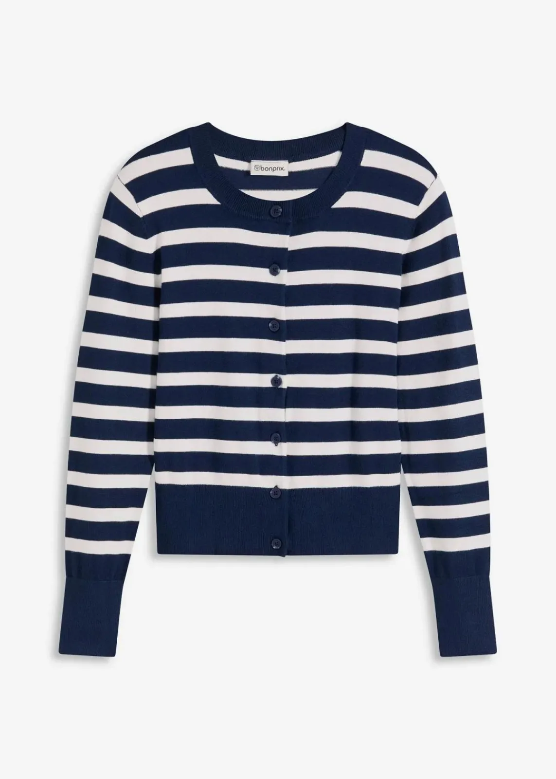 bonprix Bekleidung·Umstandsmode|Pullover & Strickjacken^Feinstrick-Cardigan mit Streifen dunkelblau/wollweiß gestreift