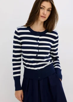bonprix Bekleidung·Umstandsmode|Pullover & Strickjacken^Feinstrick-Cardigan mit Streifen dunkelblau/wollweiß gestreift