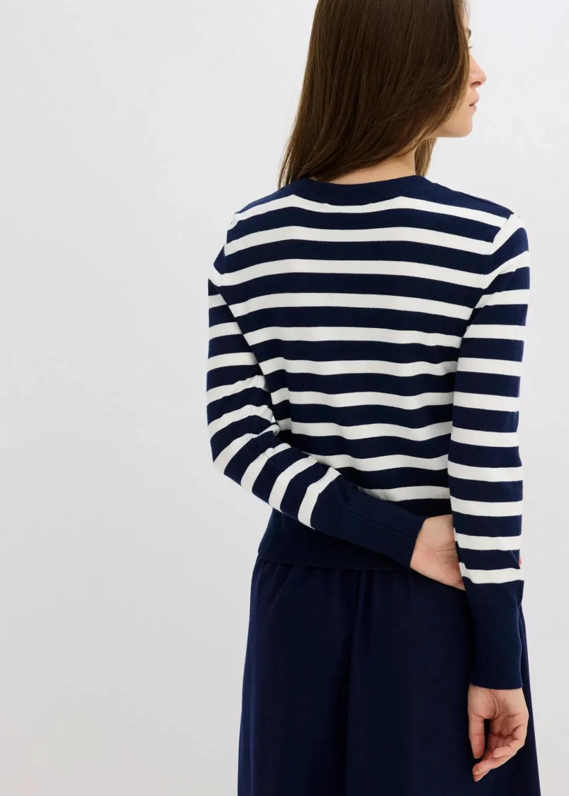 bonprix Bekleidung·Umstandsmode|Pullover & Strickjacken^Feinstrick-Cardigan mit Streifen dunkelblau/wollweiß gestreift