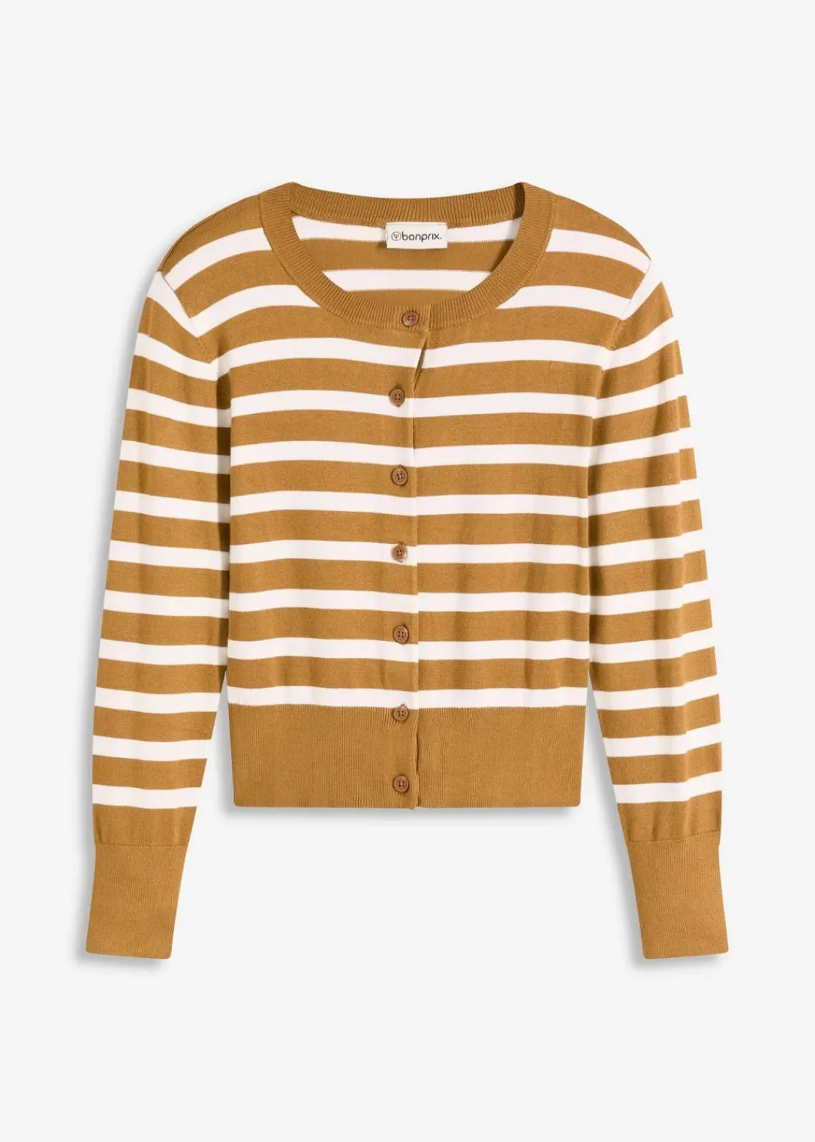 bonprix Bekleidung·Umstandsmode|Pullover & Strickjacken^Feinstrick-Cardigan mit Streifen haselnuss/wollweiß gestreift