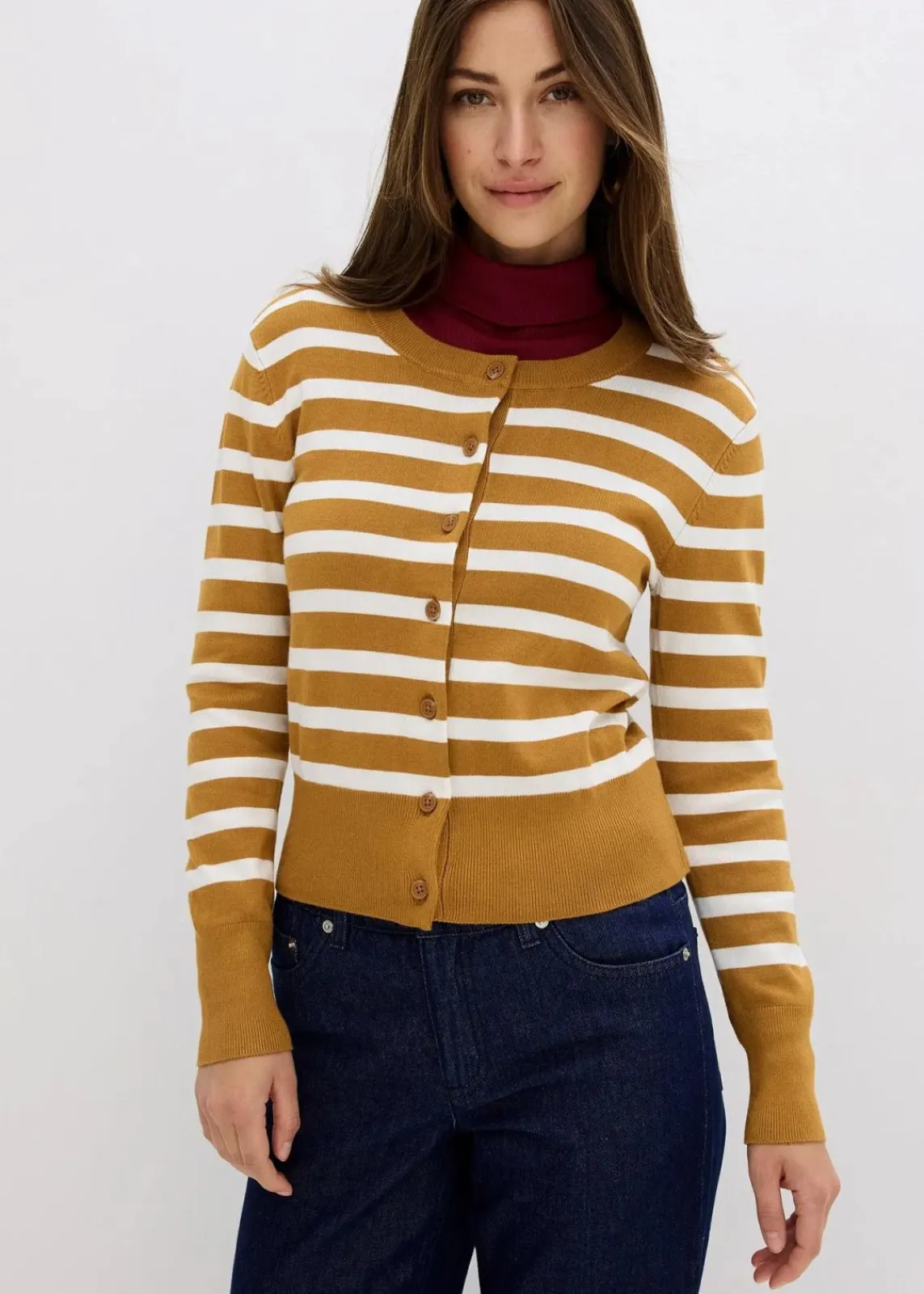 bonprix Bekleidung·Umstandsmode|Pullover & Strickjacken^Feinstrick-Cardigan mit Streifen haselnuss/wollweiß gestreift