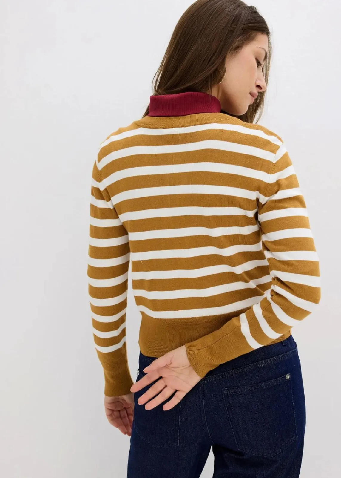 bonprix Bekleidung·Umstandsmode|Pullover & Strickjacken^Feinstrick-Cardigan mit Streifen haselnuss/wollweiß gestreift