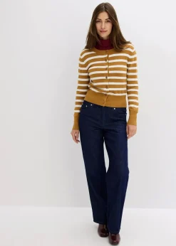 bonprix Bekleidung·Umstandsmode|Pullover & Strickjacken^Feinstrick-Cardigan mit Streifen haselnuss/wollweiß gestreift