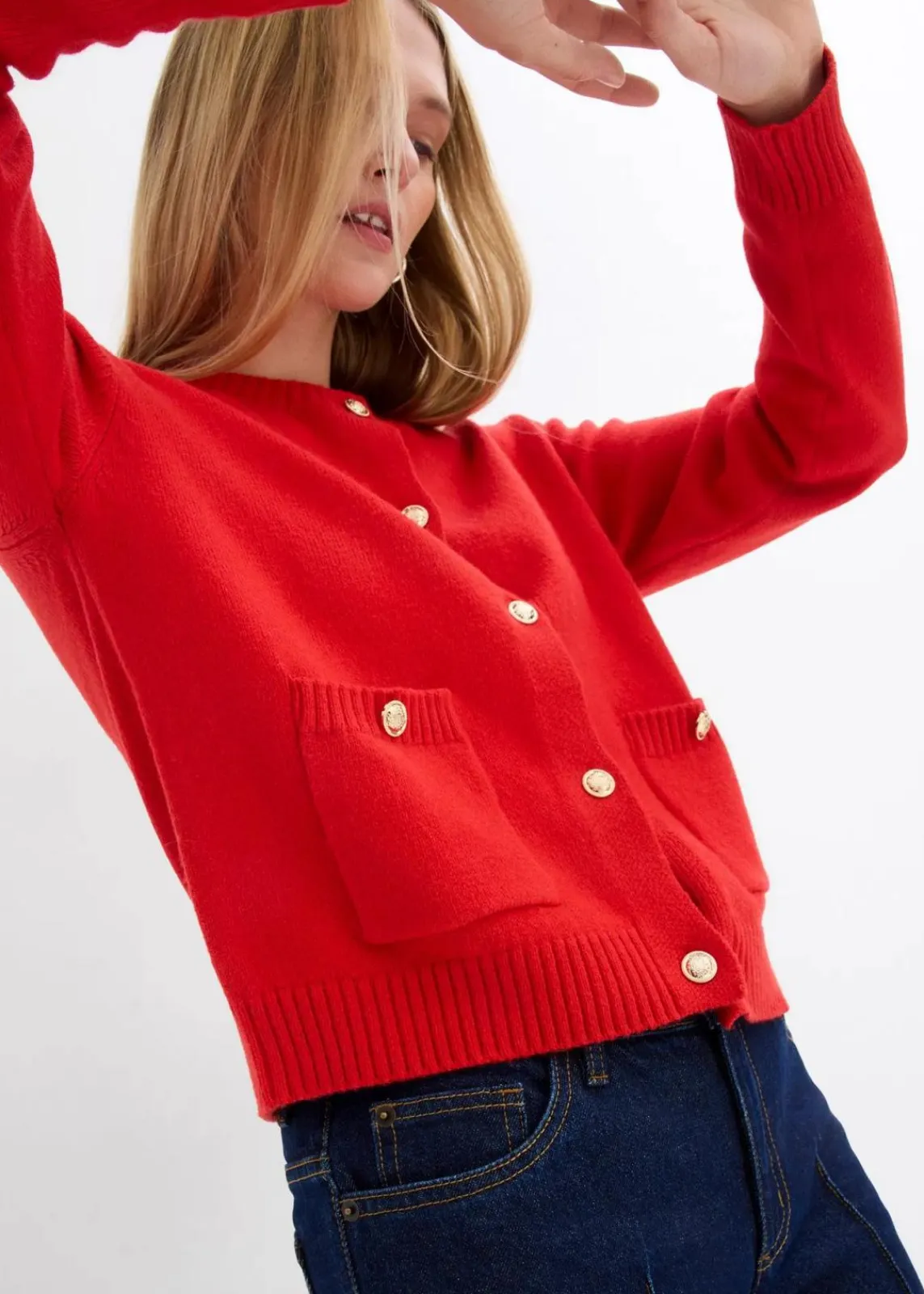 bonprix Pullover & Strickjacken|Strickmode^Feinstrickjacke aus Baumwoll-Mix erdbeere