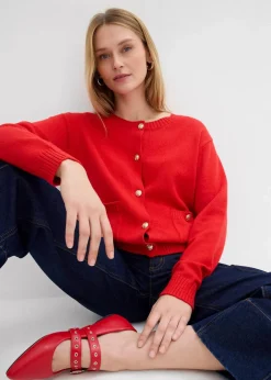 bonprix Pullover & Strickjacken|Strickmode^Feinstrickjacke aus Baumwoll-Mix erdbeere