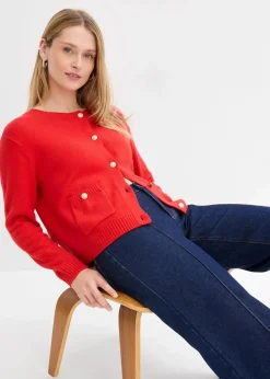 bonprix Pullover & Strickjacken|Strickmode^Feinstrickjacke aus Baumwoll-Mix erdbeere
