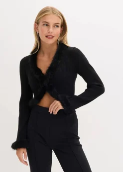 bonprix Bekleidung·Umstandsmode|Bekleidung·Jeans^Feinstrickjacke mit Fellimitat schwarz