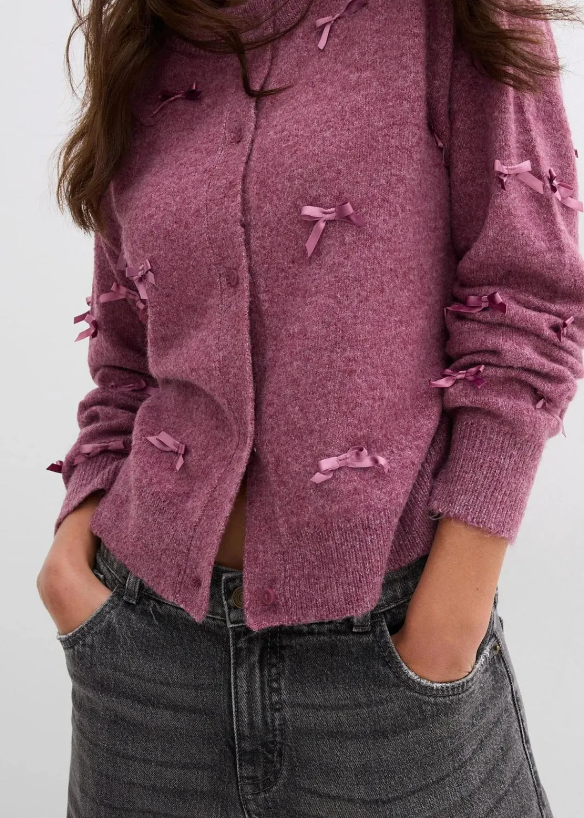 bonprix Bekleidung·Umstandsmode|Bekleidung·Jeans^Feinstrickjacke mit Schleifen mattbeere meliert