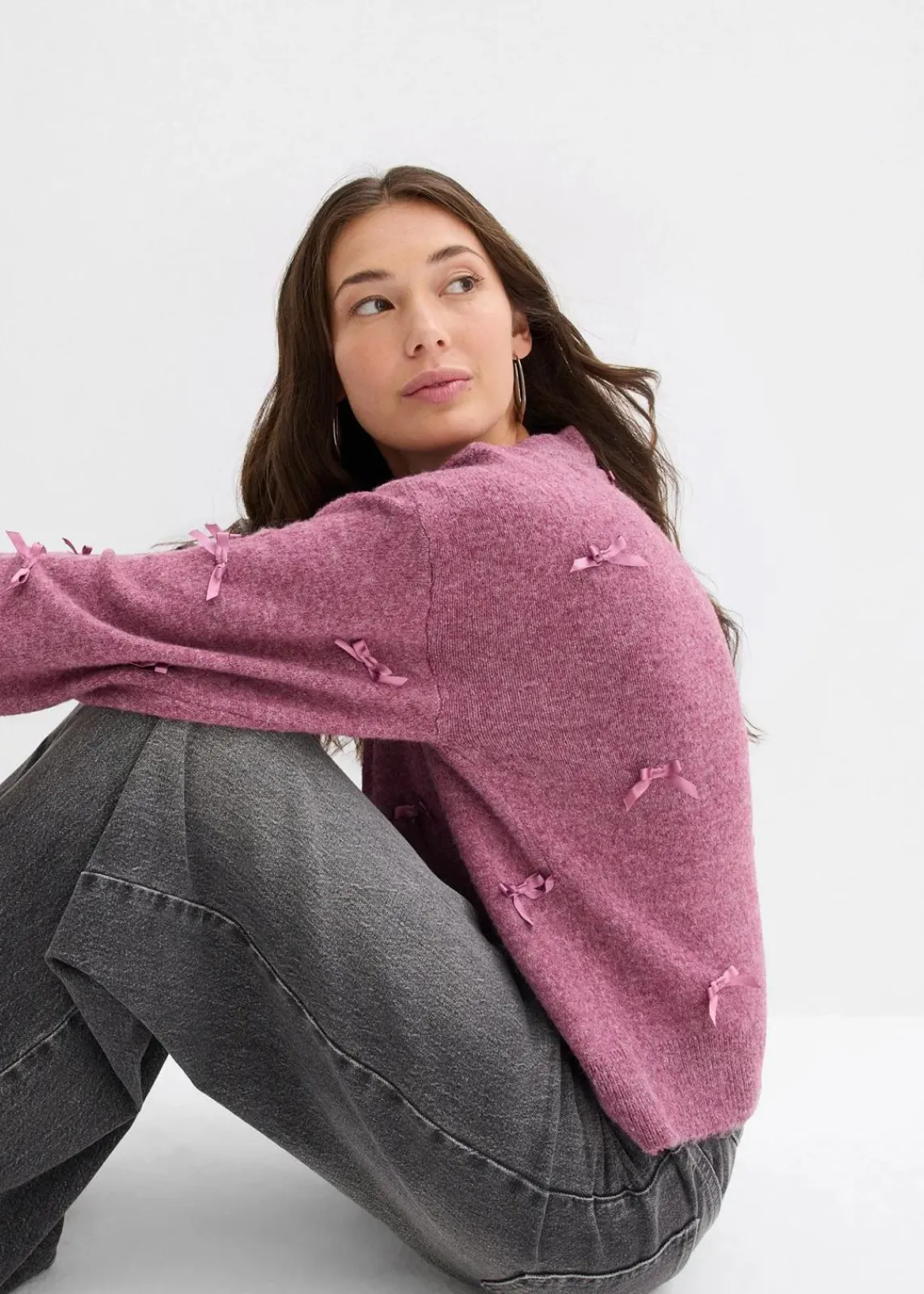 bonprix Bekleidung·Umstandsmode|Bekleidung·Jeans^Feinstrickjacke mit Schleifen mattbeere meliert