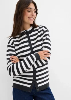 bonprix Pullover & Strickjacken|Basics^Feinstrickjacke, Rundhals dunkelgrau/weiß gestreift