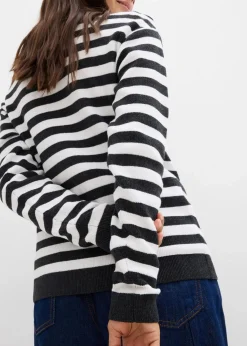 bonprix Pullover & Strickjacken|Basics^Feinstrickjacke, Rundhals dunkelgrau/weiß gestreift