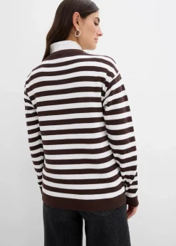 bonprix Bekleidung·Umstandsmode|Pullover & Strickjacken^Feinstrickjacke, Rundhals dunkelbraun/weiß gestreift