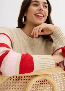 bonprix Bekleidung·Umstandsmode|Bekleidung·Jeans^Feinstrickpullover hellsand/tiefrot/puderrosa