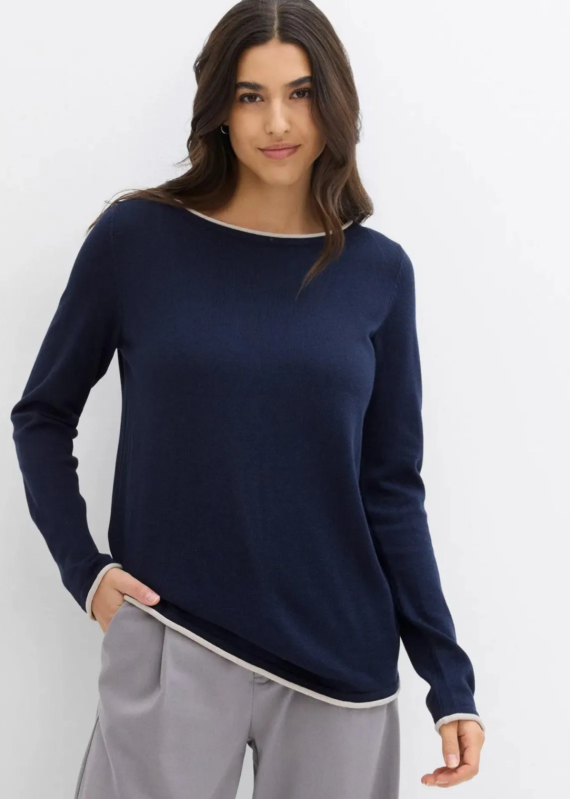 bonprix Pullover & Strickjacken|Strickmode^Feinstrickpullover aus Baumwollmix dunkelblau/steingrau