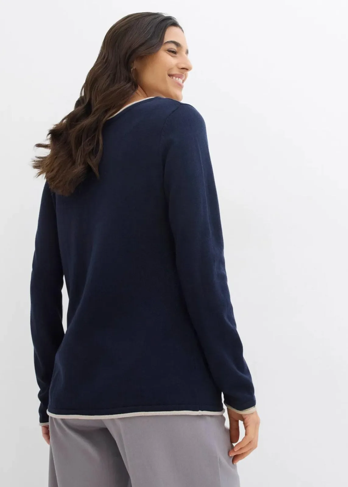 bonprix Pullover & Strickjacken|Strickmode^Feinstrickpullover aus Baumwollmix dunkelblau/steingrau