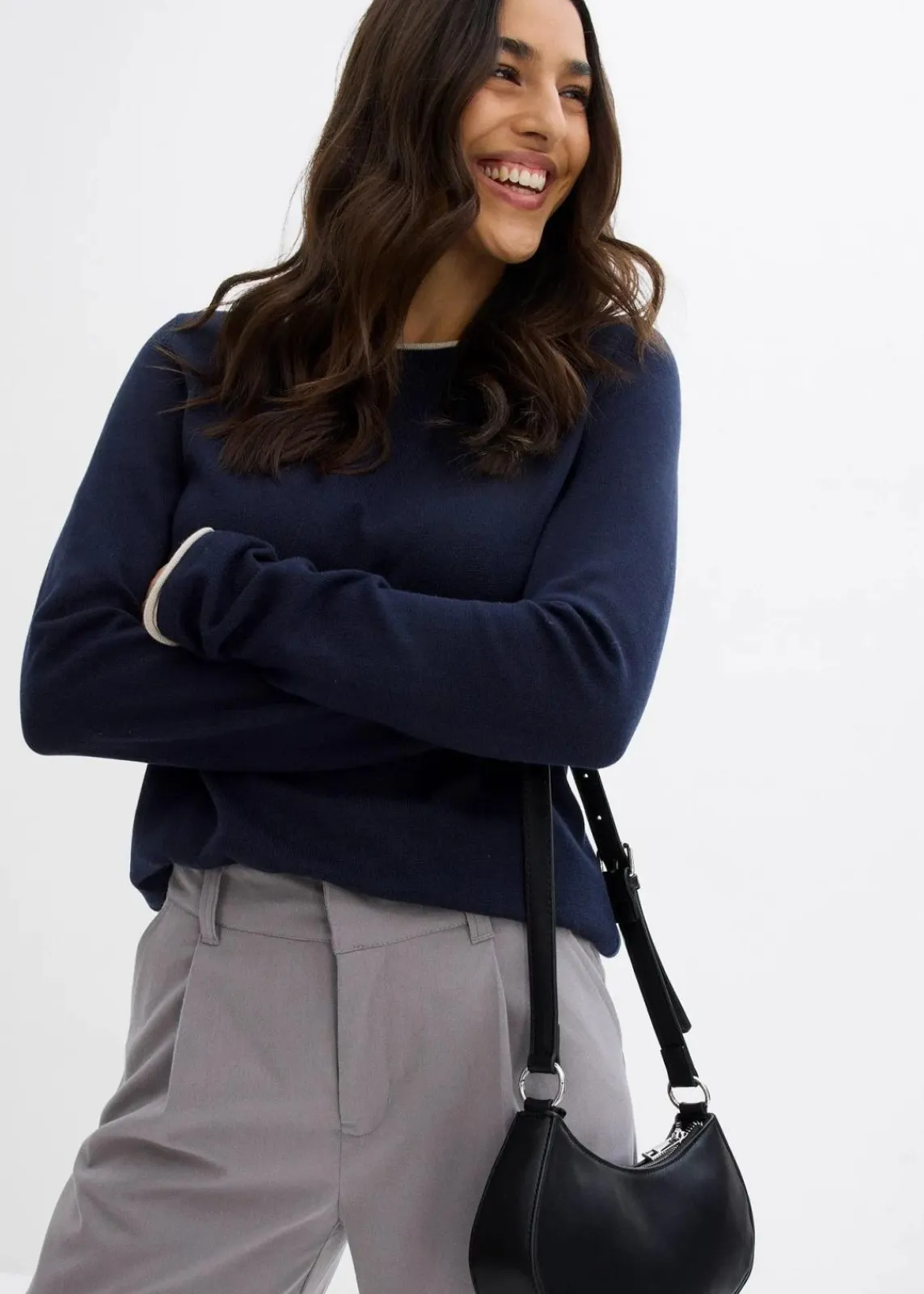 bonprix Pullover & Strickjacken|Strickmode^Feinstrickpullover aus Baumwollmix dunkelblau/steingrau