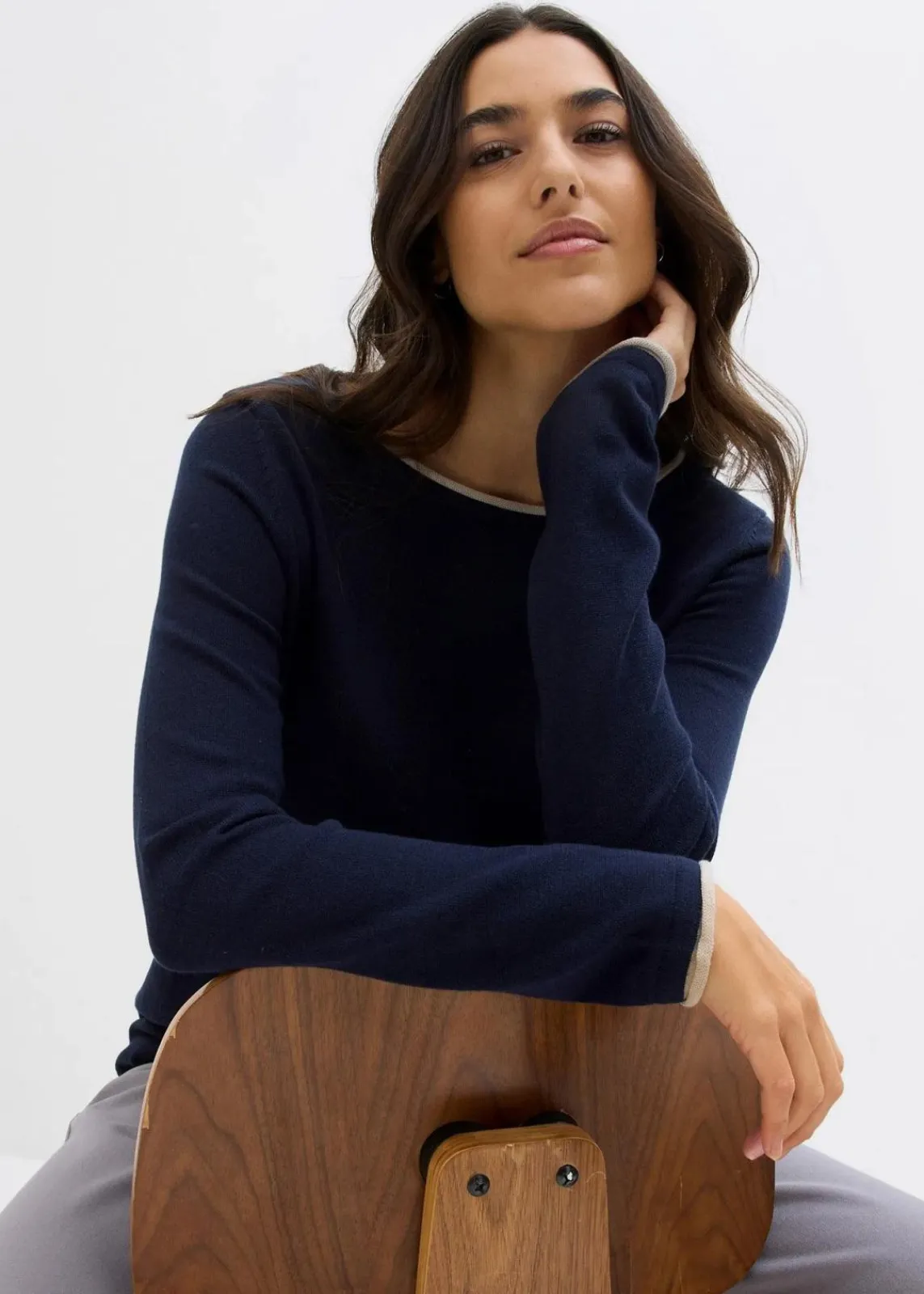 bonprix Pullover & Strickjacken|Strickmode^Feinstrickpullover aus Baumwollmix dunkelblau/steingrau