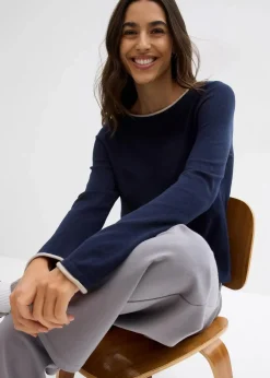 bonprix Pullover & Strickjacken|Strickmode^Feinstrickpullover aus Baumwollmix dunkelblau/steingrau