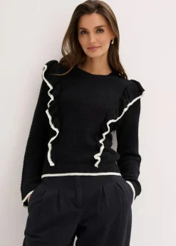 bonprix Bekleidung·Umstandsmode|Bekleidung·Jeans^Feinstrickpullover aus Baumwoll-Mix schwarz mit wollweiß