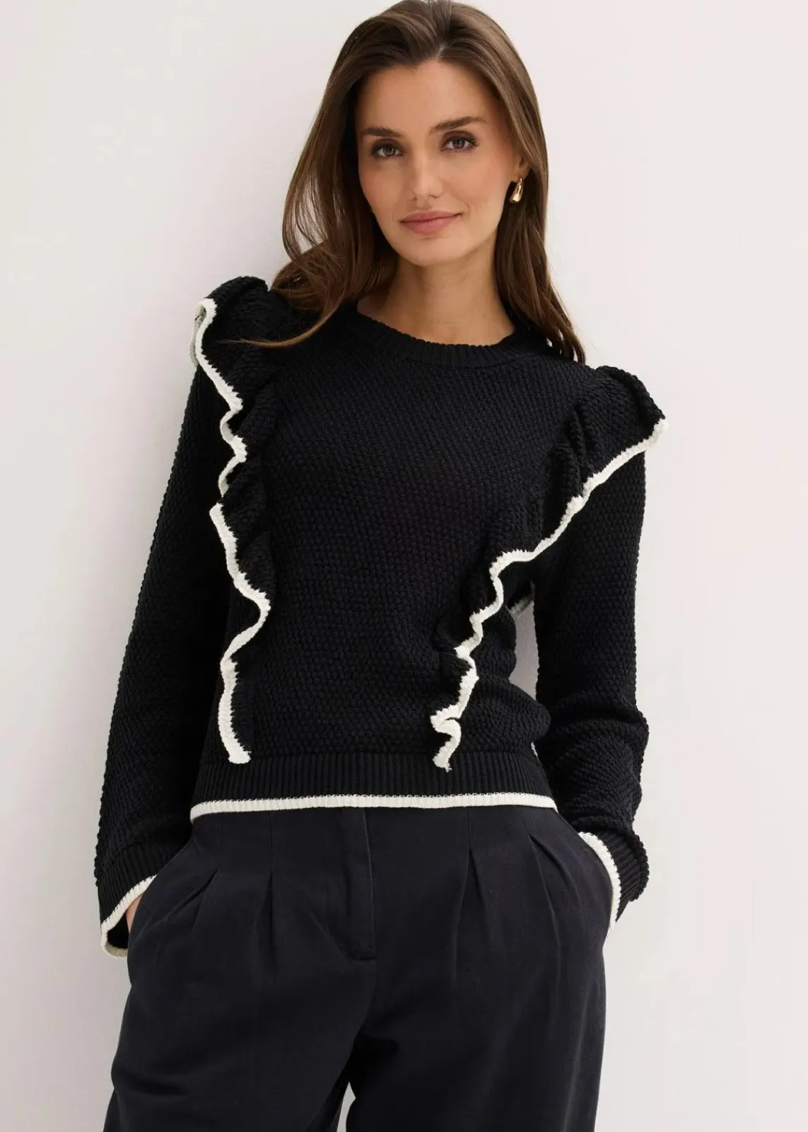bonprix Bekleidung·Umstandsmode|Bekleidung·Jeans^Feinstrickpullover aus Baumwoll-Mix schwarz mit wollweiß
