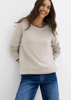 bonprix Pullover & Strickjacken|Strickmode^Feinstrickpullover aus Baumwollmix steingrau/dunkelblau