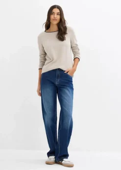 bonprix Pullover & Strickjacken|Strickmode^Feinstrickpullover aus Baumwollmix steingrau/dunkelblau