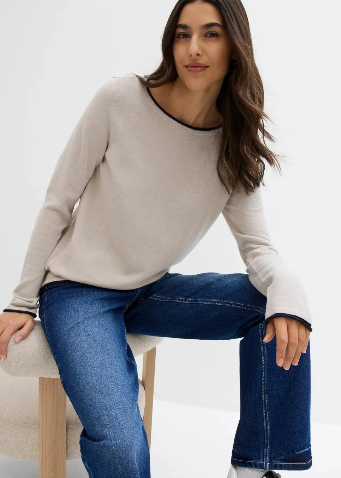 bonprix Pullover & Strickjacken|Strickmode^Feinstrickpullover aus Baumwollmix steingrau/dunkelblau