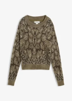 bonprix Bekleidung·Umstandsmode|Strickmode^Feinstrickpullover aus flauschigem Federgarn nachtoliv leo bedruckt