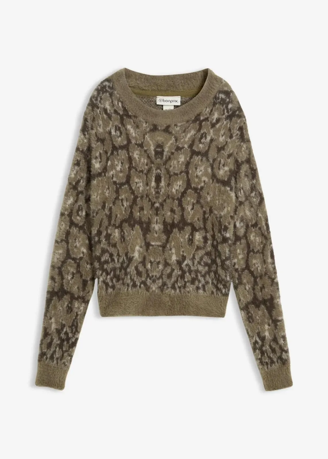 bonprix Bekleidung·Umstandsmode|Strickmode^Feinstrickpullover aus flauschigem Federgarn nachtoliv leo bedruckt