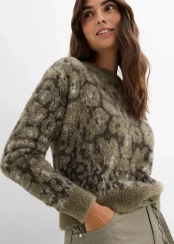 bonprix Bekleidung·Umstandsmode|Strickmode^Feinstrickpullover aus flauschigem Federgarn nachtoliv leo bedruckt