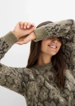 bonprix Bekleidung·Umstandsmode|Strickmode^Feinstrickpullover aus flauschigem Federgarn nachtoliv leo bedruckt