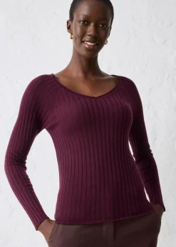 bonprix Pullover & Strickjacken|Strickmode^Feinstrickpullover aus Merinowolle weinrot