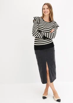 bonprix Bekleidung·Umstandsmode|Bekleidung·Jeans^Feinstrickpullover aus softem Viskose-Mix kieselbeige/schwarz quer gestreift