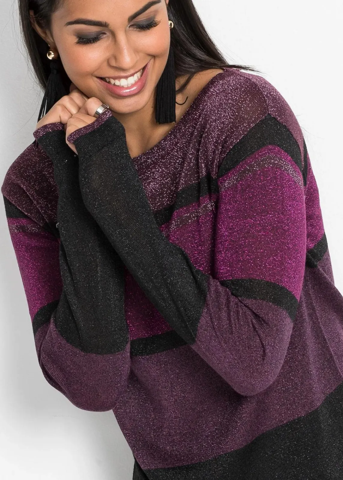 bonprix Bekleidung·Umstandsmode|Bekleidung·Jeans^Feinstrickpullover aus Viskose-Mix lila/pink/schwarz metallic