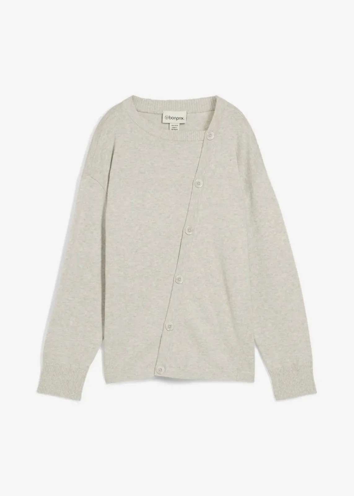 bonprix Strickmode|Pullover & Strickjacken^Feinstrickpullover mit asymmetrischer Knopfleiste kieselbeige meliert