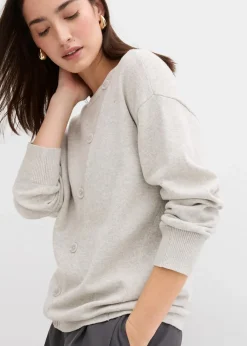 bonprix Strickmode|Pullover & Strickjacken^Feinstrickpullover mit asymmetrischer Knopfleiste kieselbeige meliert