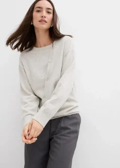 bonprix Strickmode|Pullover & Strickjacken^Feinstrickpullover mit asymmetrischer Knopfleiste kieselbeige meliert