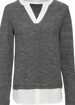 bonprix Pullover & Strickjacken|Bekleidung·Jeans^Feinstrickpullover mit Bluseneinsatz grau meliert