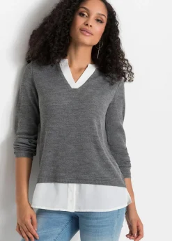 bonprix Pullover & Strickjacken|Bekleidung·Jeans^Feinstrickpullover mit Bluseneinsatz grau meliert