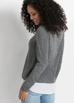 bonprix Pullover & Strickjacken|Bekleidung·Jeans^Feinstrickpullover mit Bluseneinsatz grau meliert