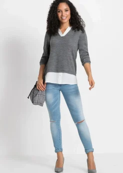 bonprix Pullover & Strickjacken|Bekleidung·Jeans^Feinstrickpullover mit Bluseneinsatz grau meliert