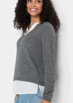 bonprix Pullover & Strickjacken|Bekleidung·Jeans^Feinstrickpullover mit Bluseneinsatz grau meliert