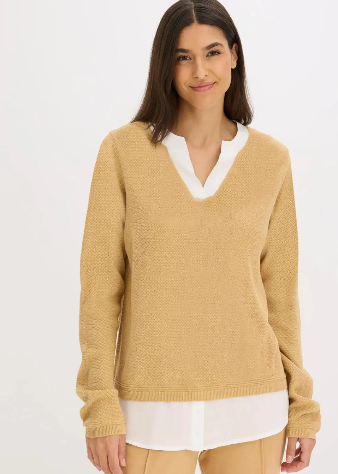 bonprix Bekleidung·Umstandsmode|Strickmode^Feinstrickpullover mit Bluseneinsatz cappuccino